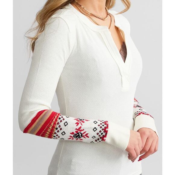 Free People Mikah Notch Neck Top Thermal Long Sleeve Cream Size Large - Picture 12 of 13
